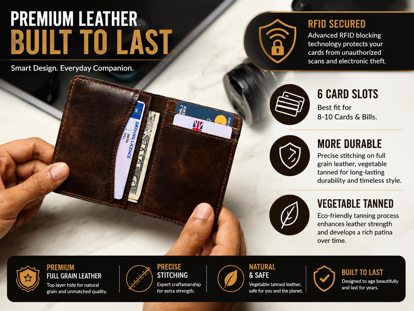 FOXHACKLE Leder-Kreditkartenetui für Damen und Herren, dünne Bifold-Geldbörse mit RFID-Blockierung, schmale Vordertasche, minimalistische Geldbörse, kleines Kartenetui