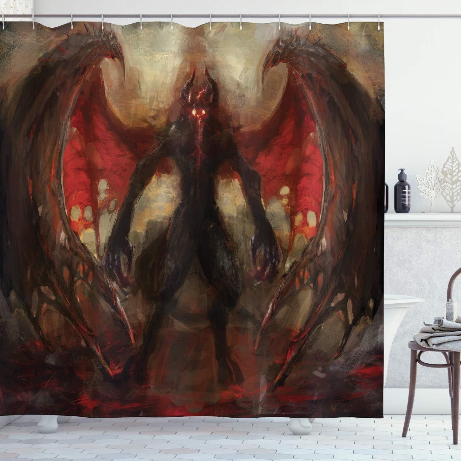 Ambesonne Fantasy World Shower Curtain, Devil Shadow with Wings Primary Opponent of Rising Hell Afterlife Image, Cloth Fabric Bathroom Decor Set with Hooks, 69" W x 70" L, Red Grey