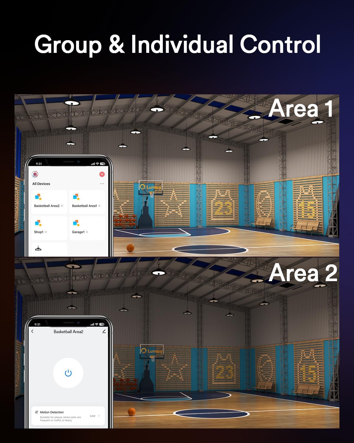 Lumary Smart UFO LED High Bay Light Motion Sensor 100W via Hub, Compatible with Alexa Google, Bluetooth Hanging Shop Lights for Garage w/Remote, 16000Lm Brightness Dimmable 1-100%, 5000K for Workshop