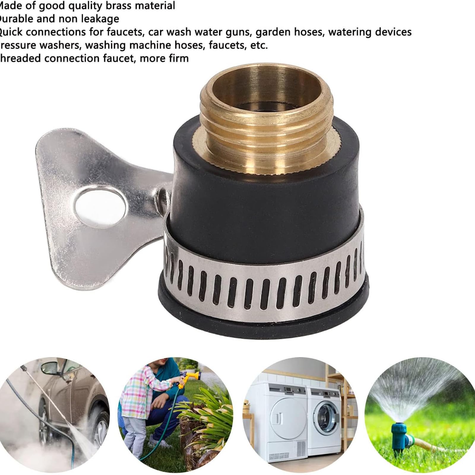 Conector de grifo de latón de 1/4 pulgadas, paquete de 4 accesorios roscados para riego de jardín, adaptador de manguera fácil de instalar con clips para lavadoras a presión y uso en exteriores
