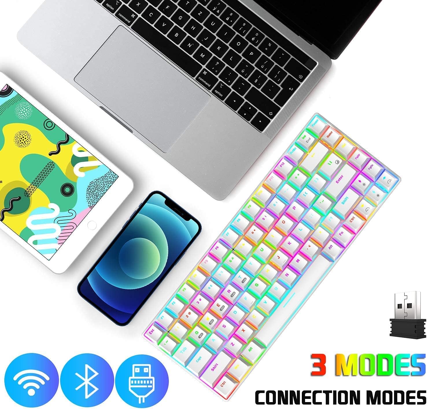 MANBASNAKE Wireless Mechanical Gaming Keyboard,2.4G/Type-C/Bluetooth Rechargeable Mini Keyboard with RGB Backlit,Red Switch,84 Keys Portable for Windows Mac Xbox Gamer,Easy to Carry on Trip