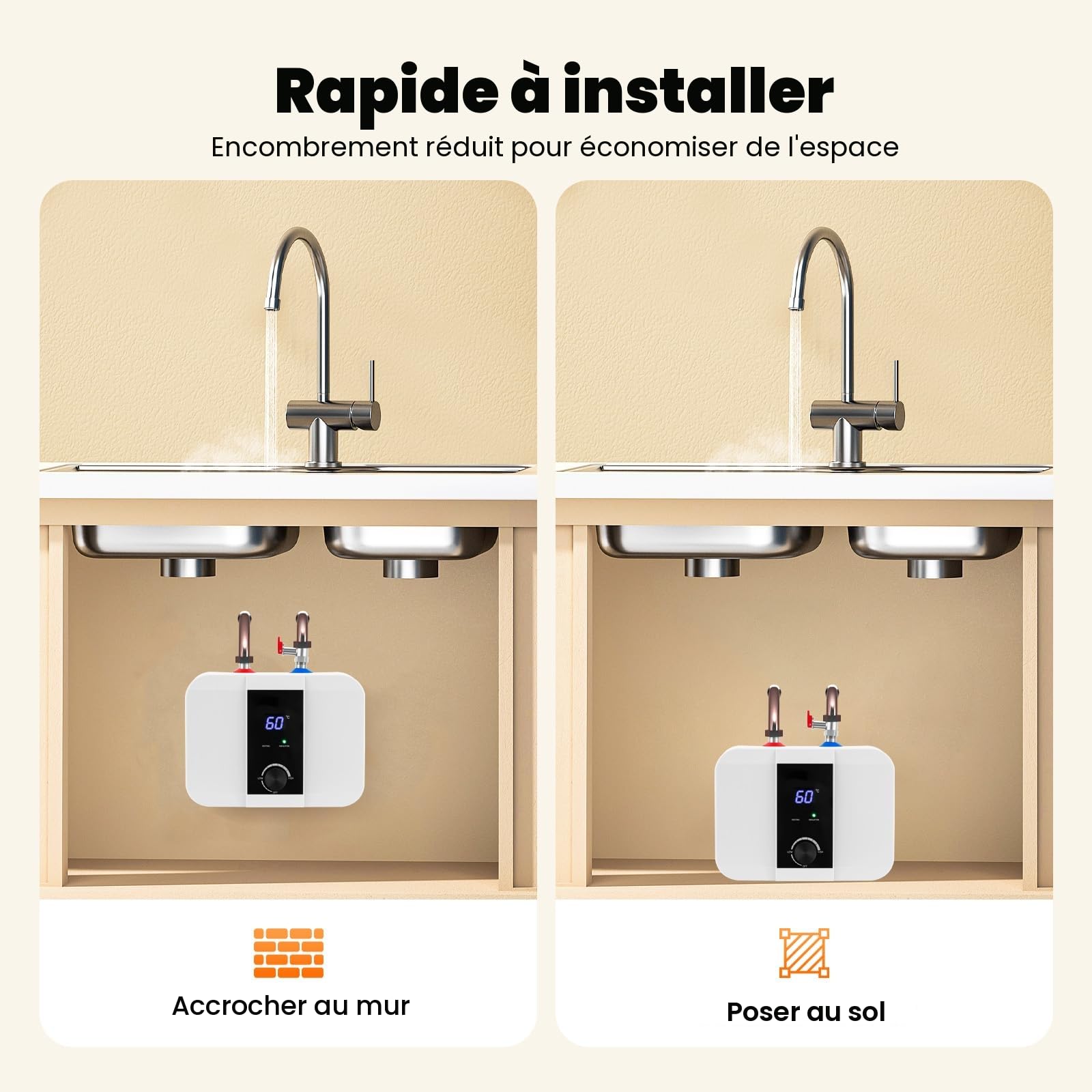Petit chauffe-eau sous évier 6 l - Résistant à la pression - 1500 W - Pour cuisine - Avec écran LED - Petit chauffe-eau - Pour une utilisation sous les éviers de cuisine et les lavabos