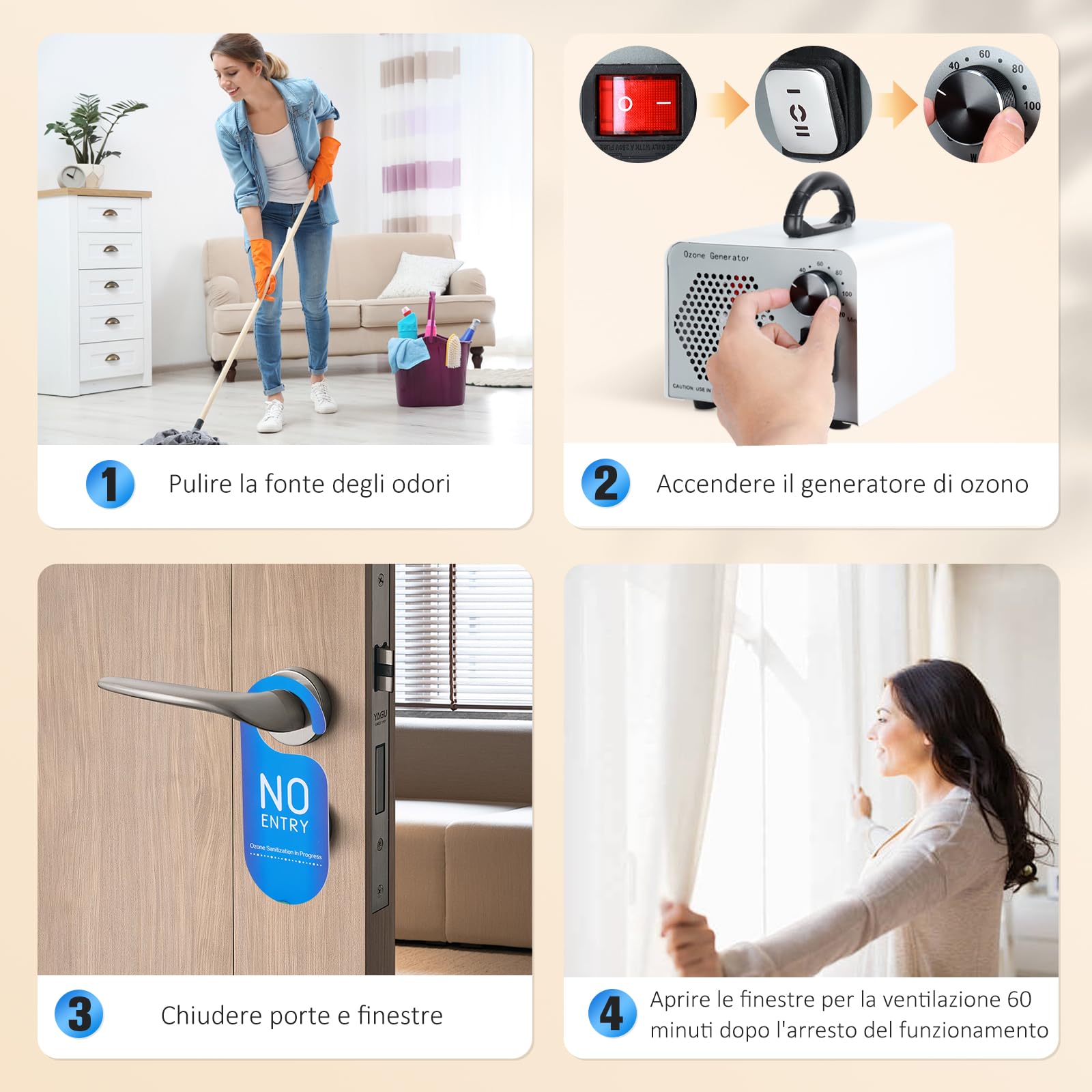 2 In 1 Generatore di Ozono 60000mg/H, Ozonizzatore per Ambienti con Modalità Acqua e Aria, O3 Purificatore d'Aria Deodorante con 120 Min Timer, Macchina Ozono per Casa Auto Frutta Verdura