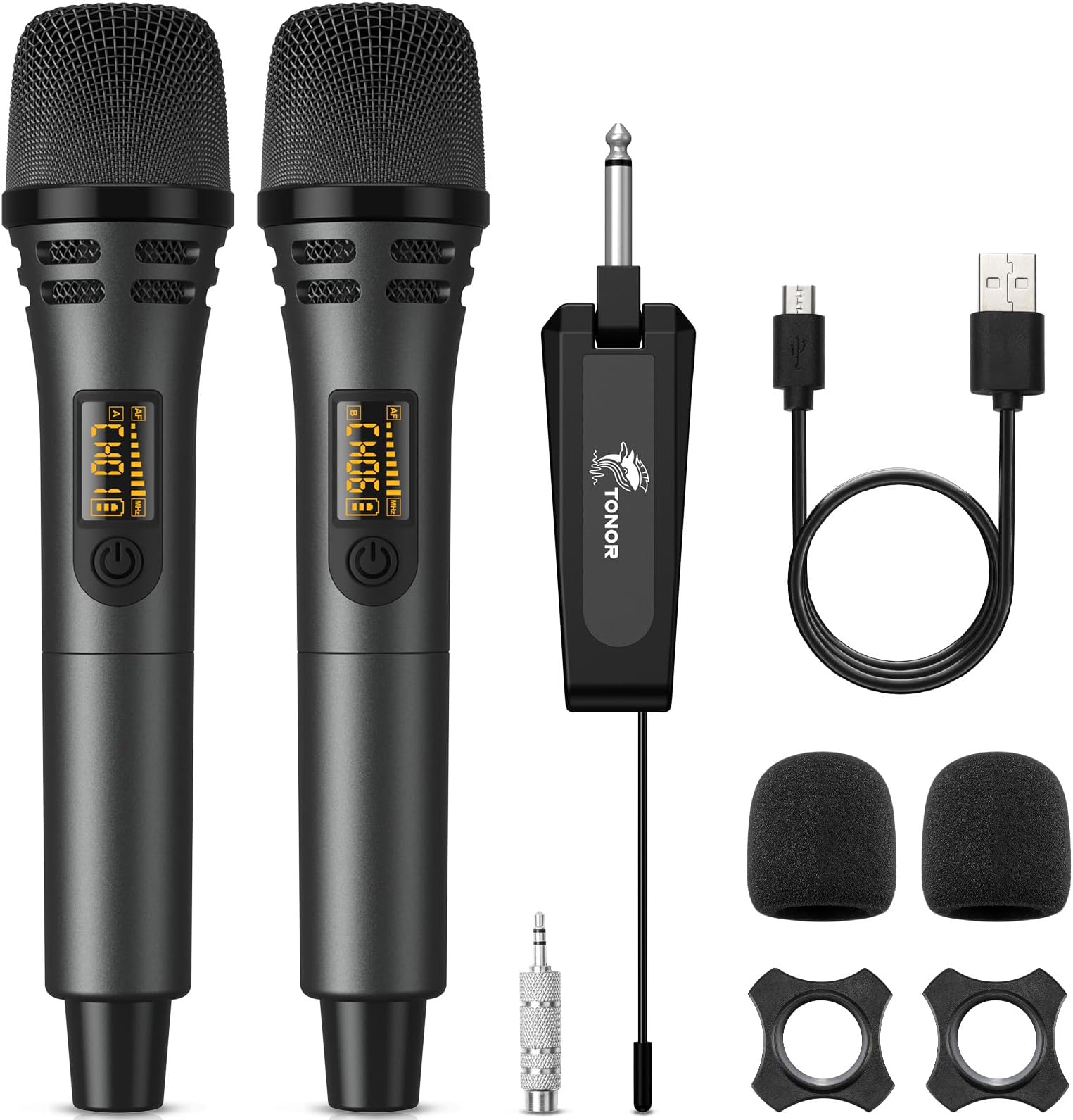 – TONOR Wireless Microphones, UHF Cordless Handheld Dynamic Mics with 6.35mm Rechargeable Receiver, 60 m Range, 2 * 5 Adjustable Channels for Karaoke, Singing, DJ, Party, Speech, TW320, 2 Mics Grey
