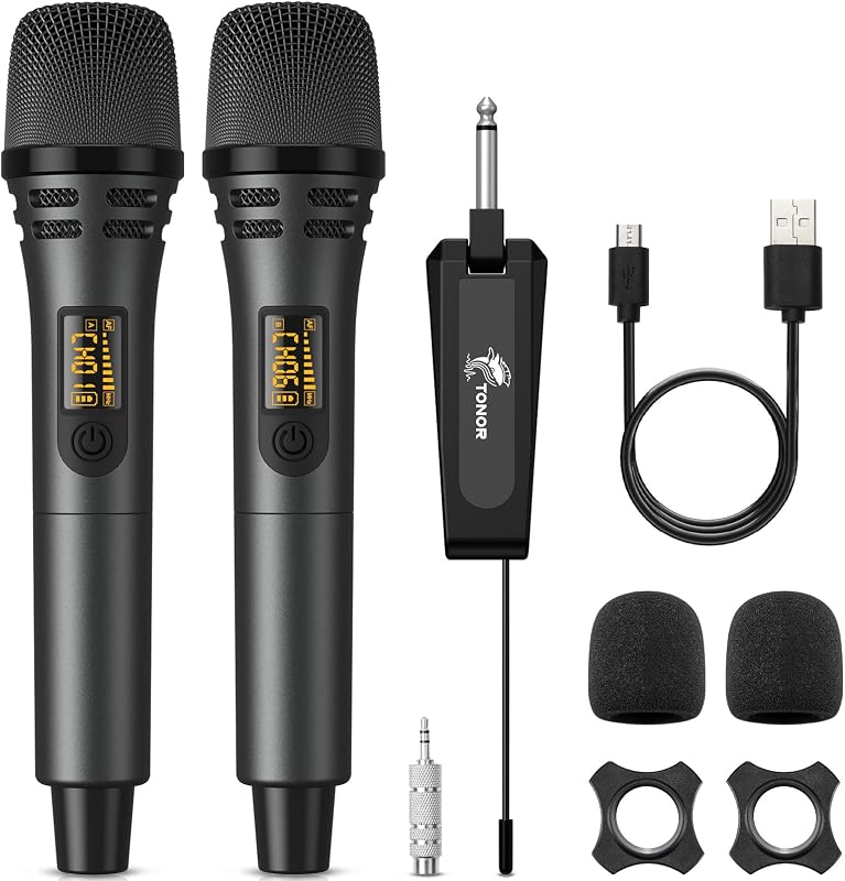 Set microfoane wireless de mână TONOR TW320, 2 buc. UHF dinamice, gri, cu receptor reîncărcabil jack 6,35 mm, 60 m, 5 canale, pentru karaoke și DJ