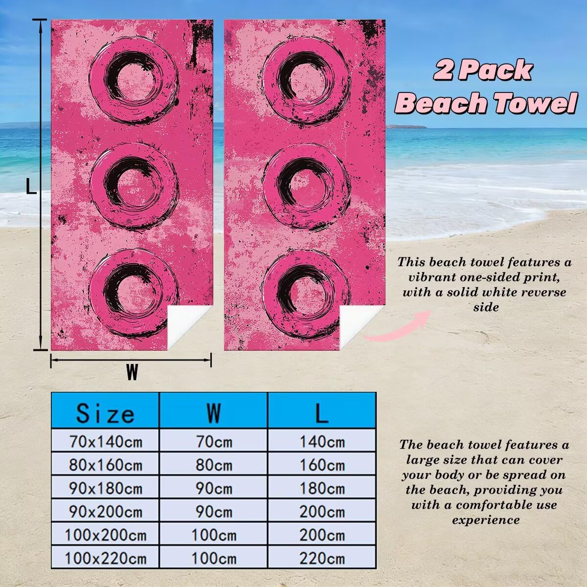 Ręcznik plażowy z mikrofibry, zestaw 2 dużych ręczników kąpielowych 80x160 cm, szybkoschnący różowy ręcznik kąpielowy, ręczniki plażowe, sportowe ręczniki z mikrofibry dla Essentials -5070