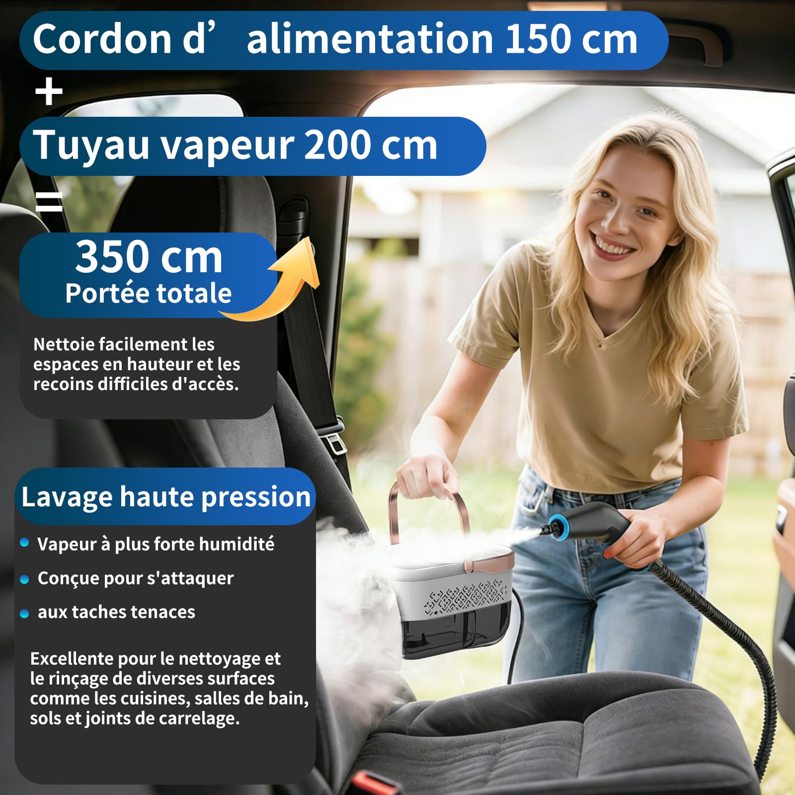 Nettoyeur vapeur portatif, 2500 W, 8 buses, 6 niveaux de vapeur, réservoir de 1250 ml, Nettoyeur Vapeur à Main pour Fenêtres, Cuisine, Voiture, Salle de Bain (Blanc 1)