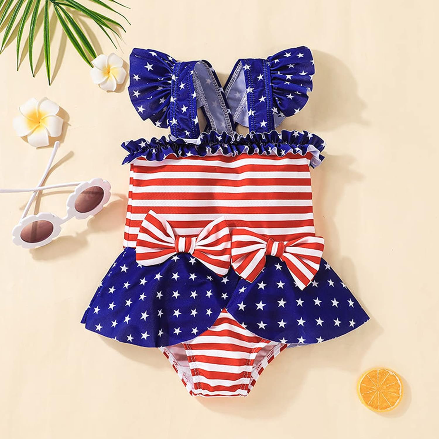 4th of July Toddler Baby Girls Halter Swimsuit American Flag Star Stripes One-Piece Bathing Suits Swimwear Bikini Set