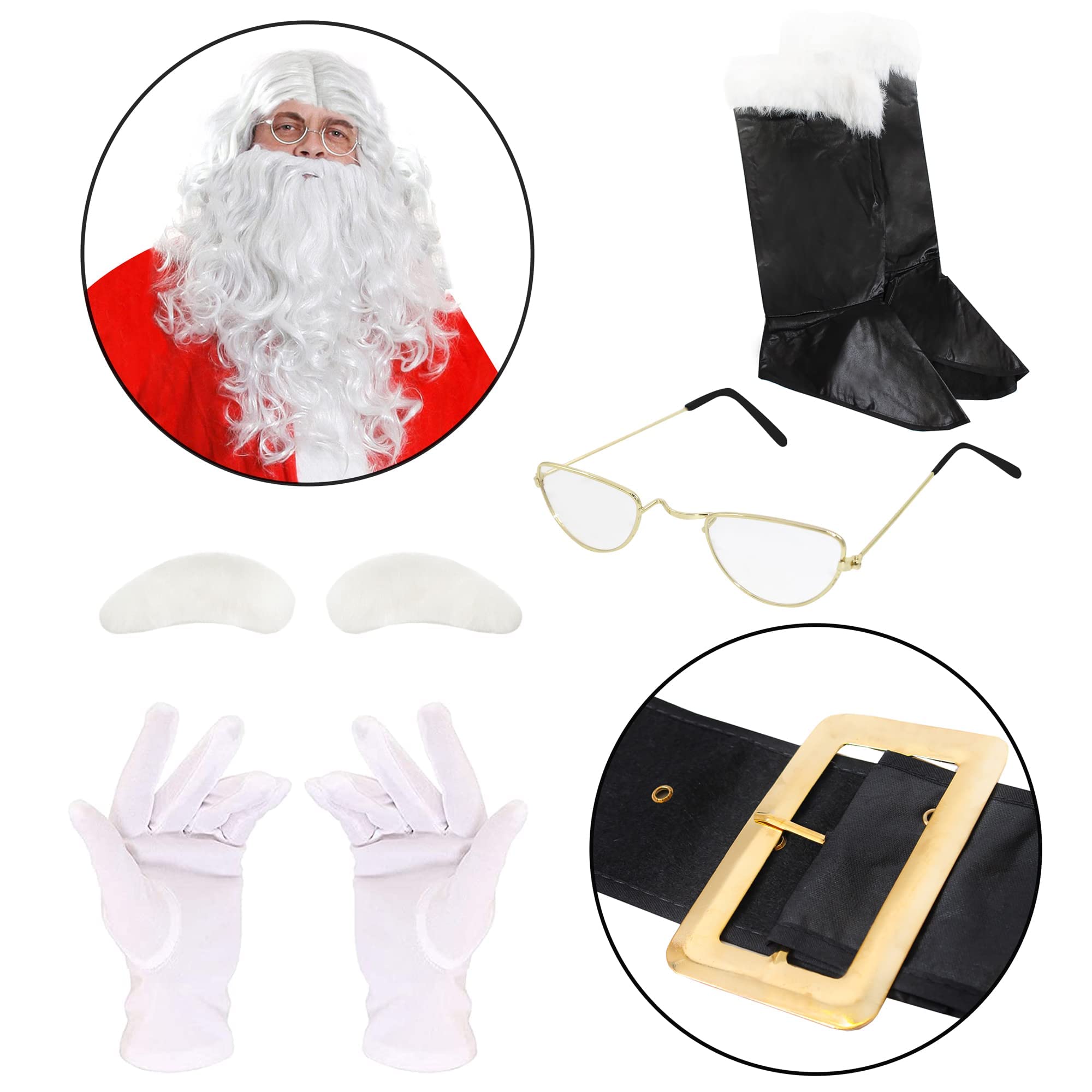 Set Completo Accessori Babbo Natale Deluxe 7 Pezzi Per Adulti | Parrucca + Barba + Guanti + Occhiali + Sopracciglia + Sacco + Campana