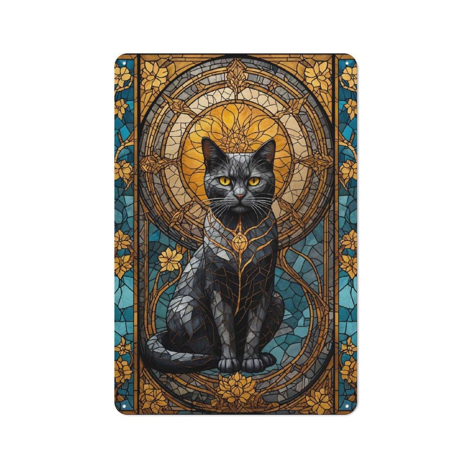 Classic Decorative Tin Plaque 30x20cm Featuring Black Cat Stained Glass, Novelty Wall Art for Home, Shop, Pub Or Studio Wall