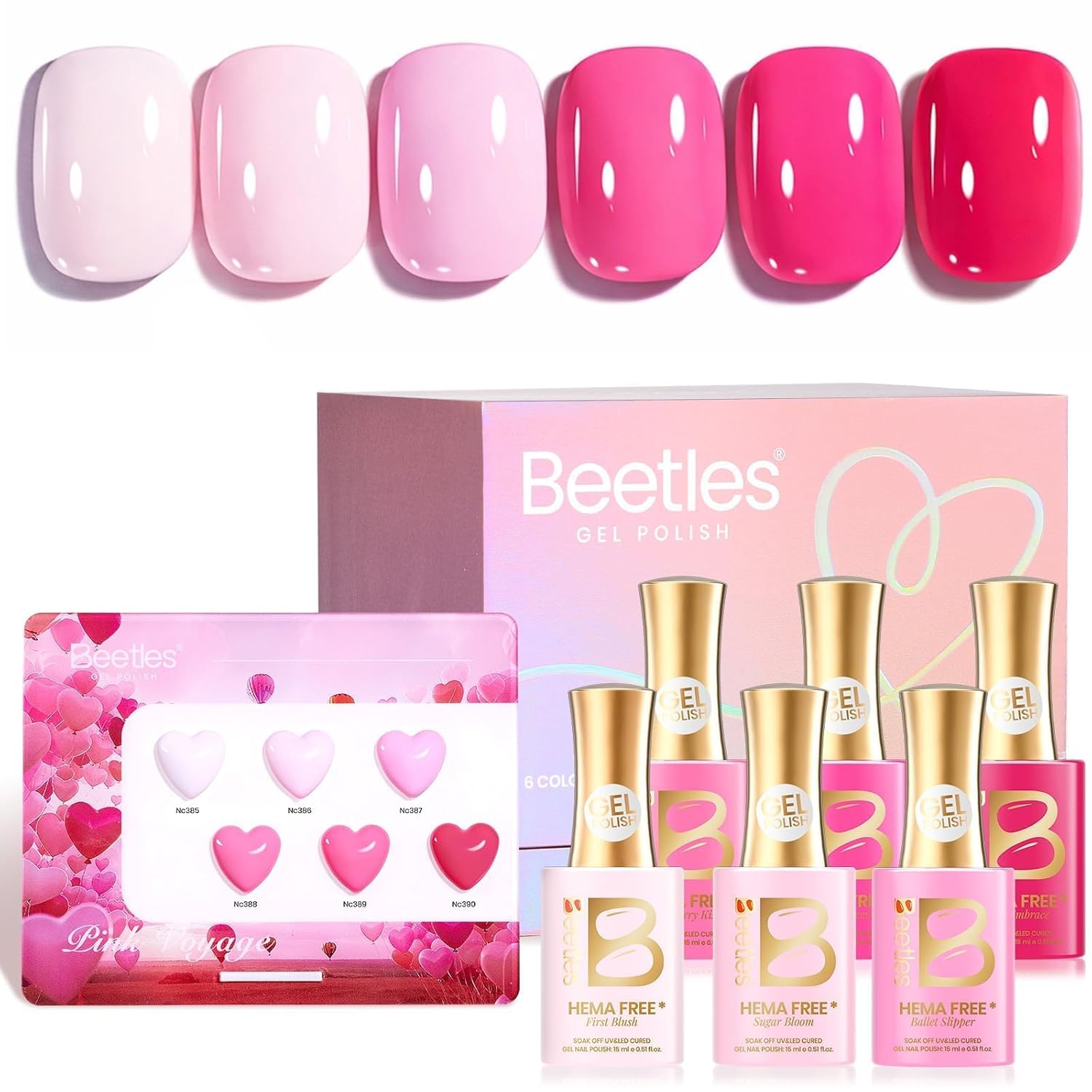 Beetles Pink Gel Polish Set - Pinks Escape 15ML/0.51Fl Oz, 6 Colors Hema Free Pink Gel Nail Polish Set, Same Color Same Bottle, Valentines Nails, Long Lasting Soak Off UV LED Nail Lamp Gifts for Her