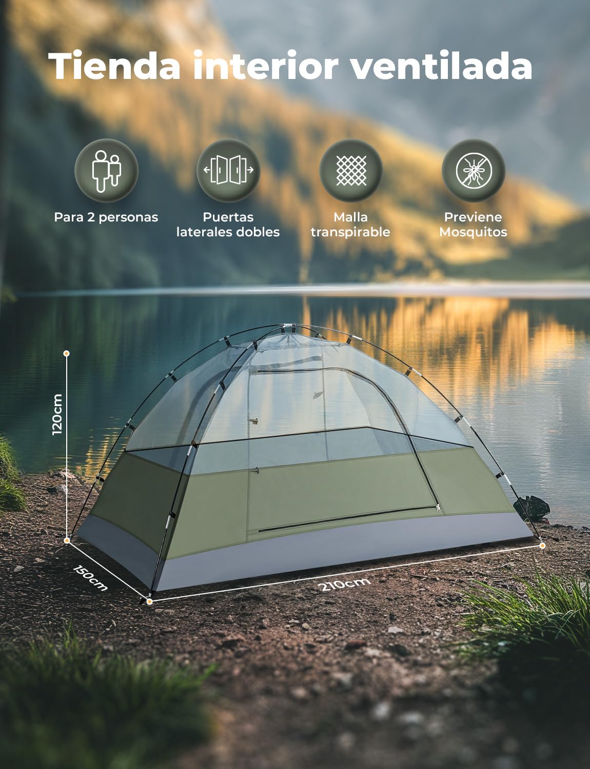 Tienda de Campaña 2-3 Personas Impermeable a Prueba de Viento Doble Capa Portátil Ultraligera