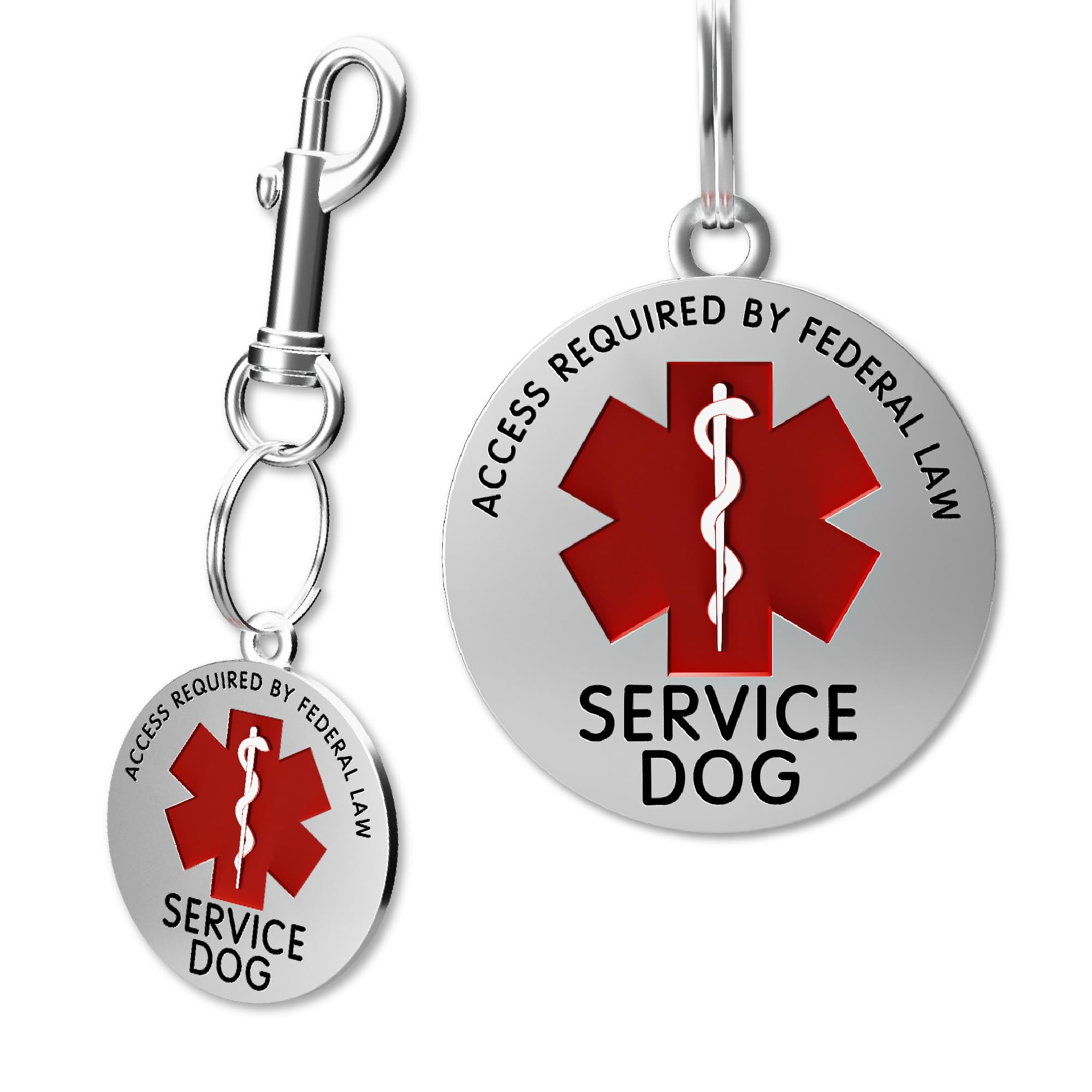 ActiveDogs Service Dog ID - Medical Alert Tag for Collar, Vest or Harness - Double Sided ADA Access Required - Chrome & Red, 1.25 Inch