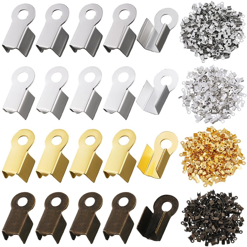 CALFOVERA 1600PCS 4 Colors Fold Over Cord End Caps for Jewelry Making 9 x 4mm Metal Folding Crimp Tips Leather Ribbon Ending Clasp Connectors for Necklace Bracelet DIY Craft