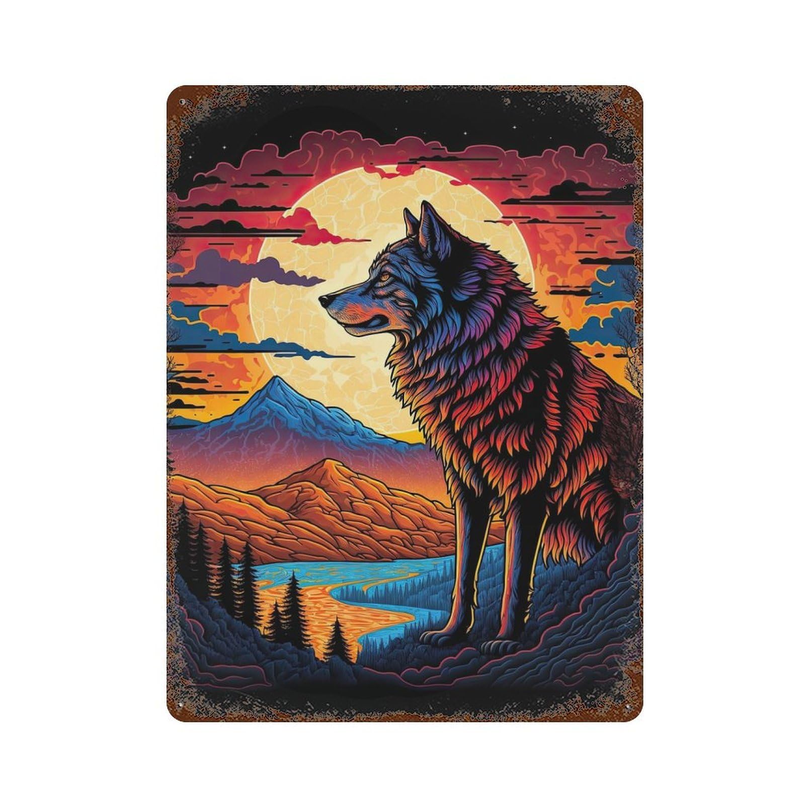 Wolf Art Series Style 2 Rusty Metal Tin Sign 15.7"x11.8", for Living Room, Hallway And Home Decor, Old School Wall Decor