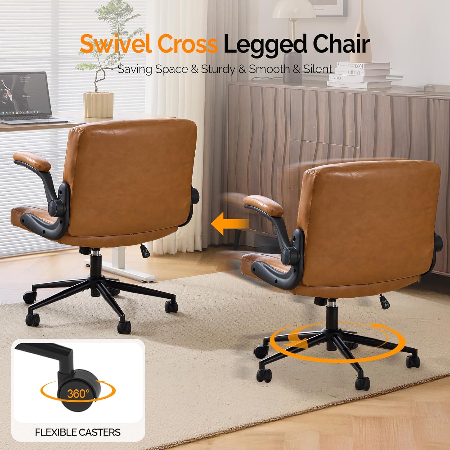 VINGLI Criss Cross Chair with Adjustable Flip-Up Arms,Cross Legged Chair with Wheels, Extra Wide Office Chair,Comfortable Desk Chair for Home Office, Vanity, Bedroom,PU Leather,Clay