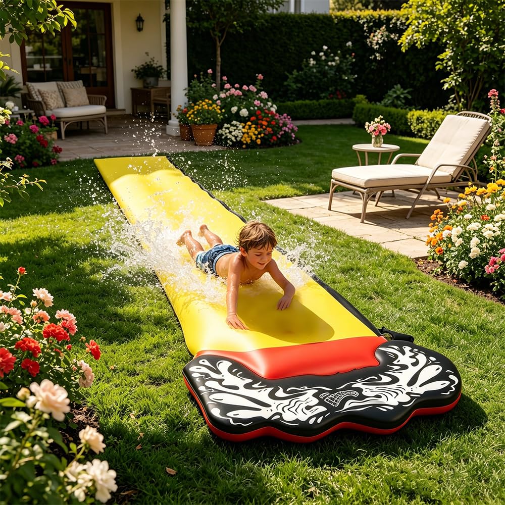Wasserrutsche Tobogán Acuático de Jardín (4,8m), Pista Deslizante de Agua Infantil con 2 Bodyboards, Deslizador de Agua de Césped, Juegos de Agua para Niños y Verano al Aire Libre