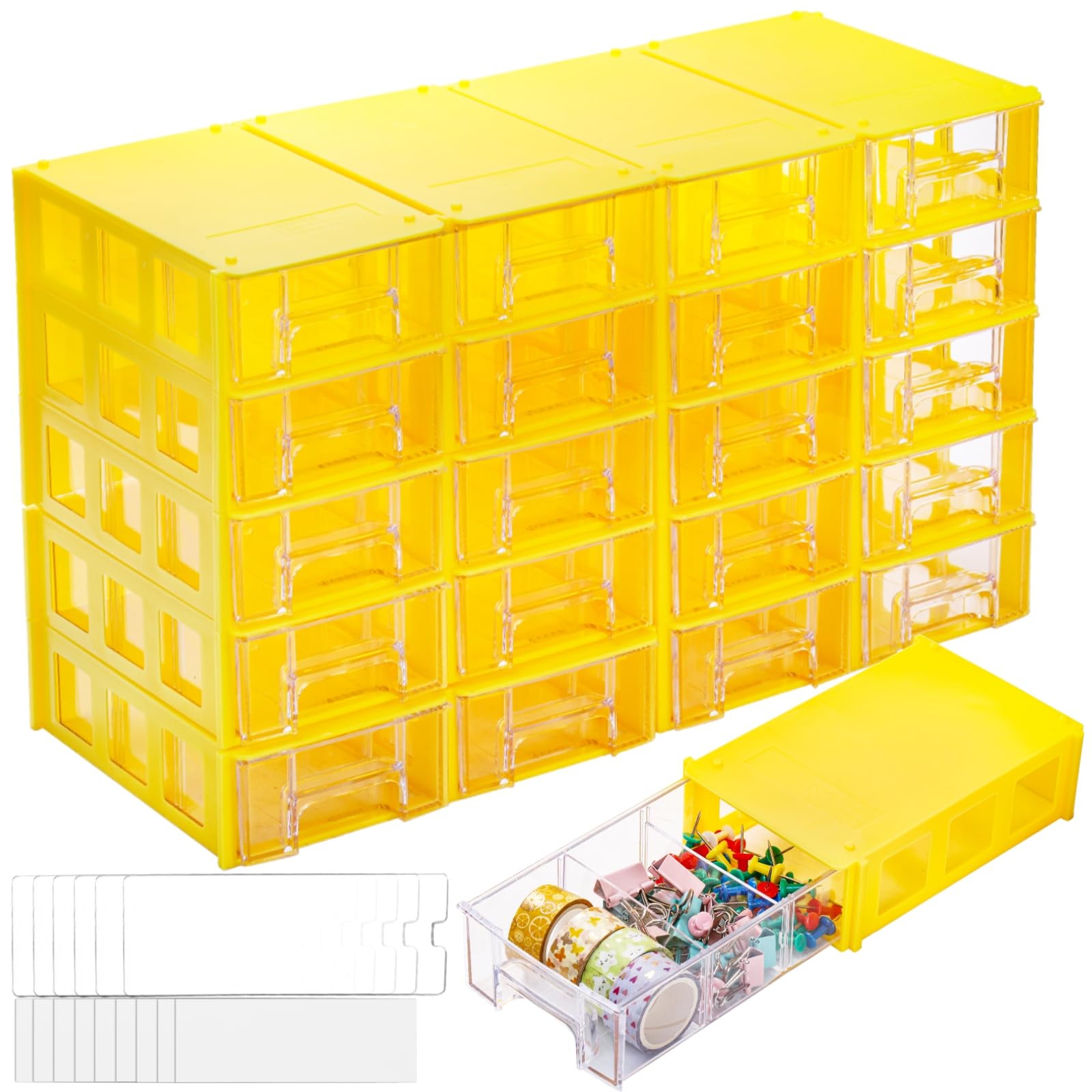 Goaste 20 Pack Drawer Stacking Storage Cabinet, Plastic Desktop Drawer Closet, Small Parts Screw Craft Organizer Container with 40 PCS Clear Dividers & 20 PCS Tag Cards for Home Office School Items