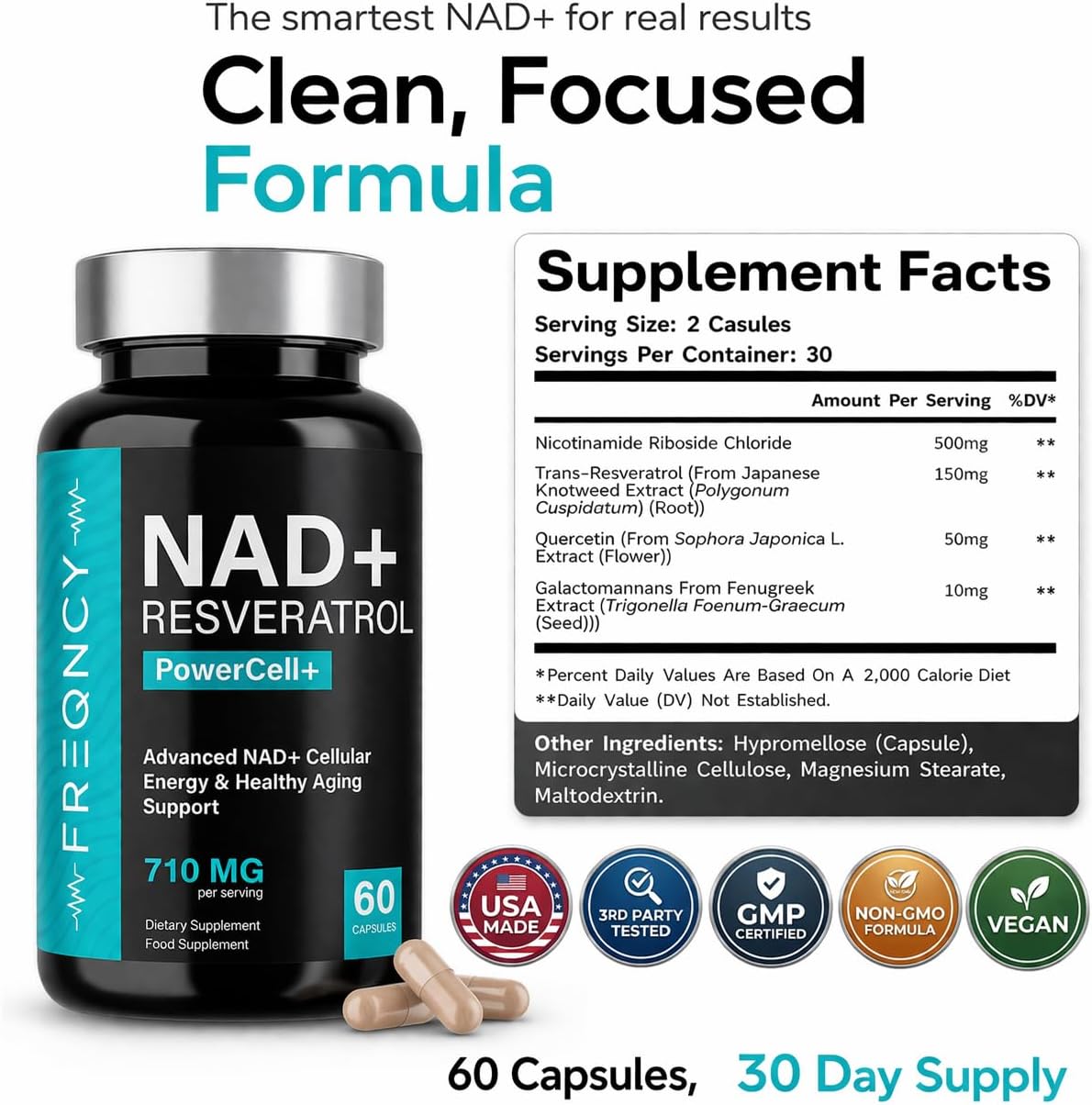NAD+ Trans Resveratrol Anti-Aging Supplement – Premium Strength 500mg Nicotinamide Riboside (NR) – 30 Servings, NAD NMN & NMNH Alternative for Men & Women