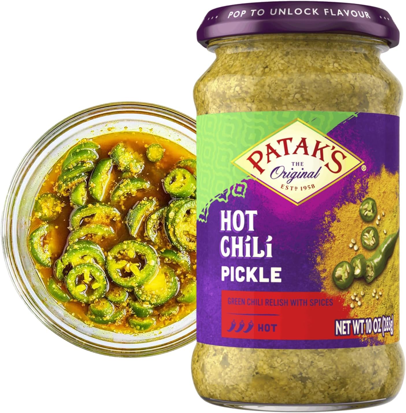 Hot Chile Pickle, Authentic Indian Relish with Green Chiles, Mustard Seeds & Aromatic Spices, Perfect for Sandwiches, Curries, Salads & Cold Meats, Vegan Spicy, 10 oz Jar