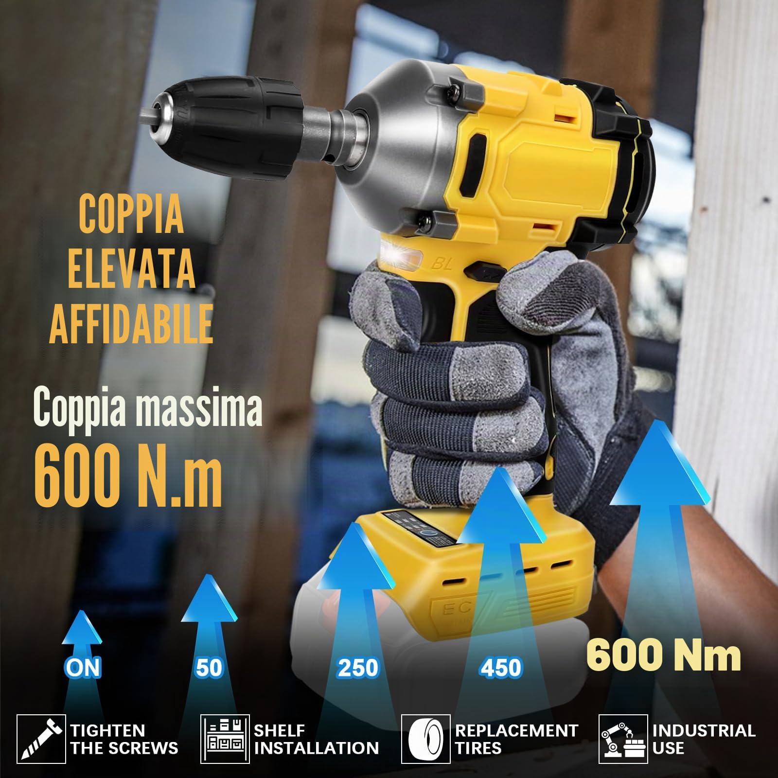 Avvitatore a Impulsi Senza Fili, 600Nm 1/2 Pollice Brushless Compatibile con Dewalt 18V 20V, Chiave Elettrica con 3 Velocità Regolabili e 12 Accessori per Auto, Mobili, Cambio Pneumatici - NO Batteria