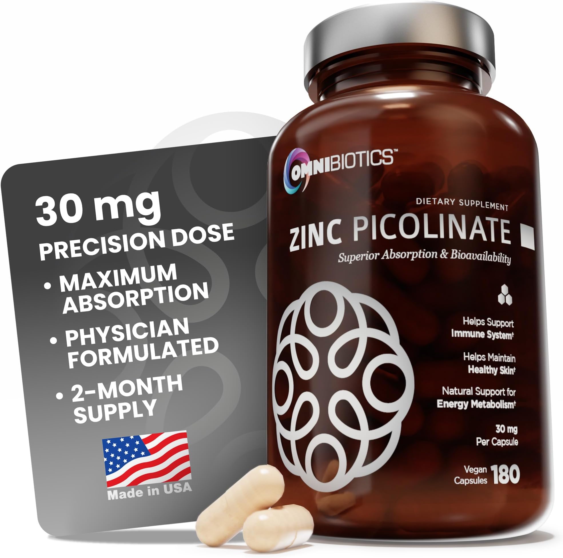 OmniBiotics Zinc Picolinate 30mg Supplement – High Absorption Zinc for Immune System, Healthy Skin, and Energy Support – 180 Vegan Capsules