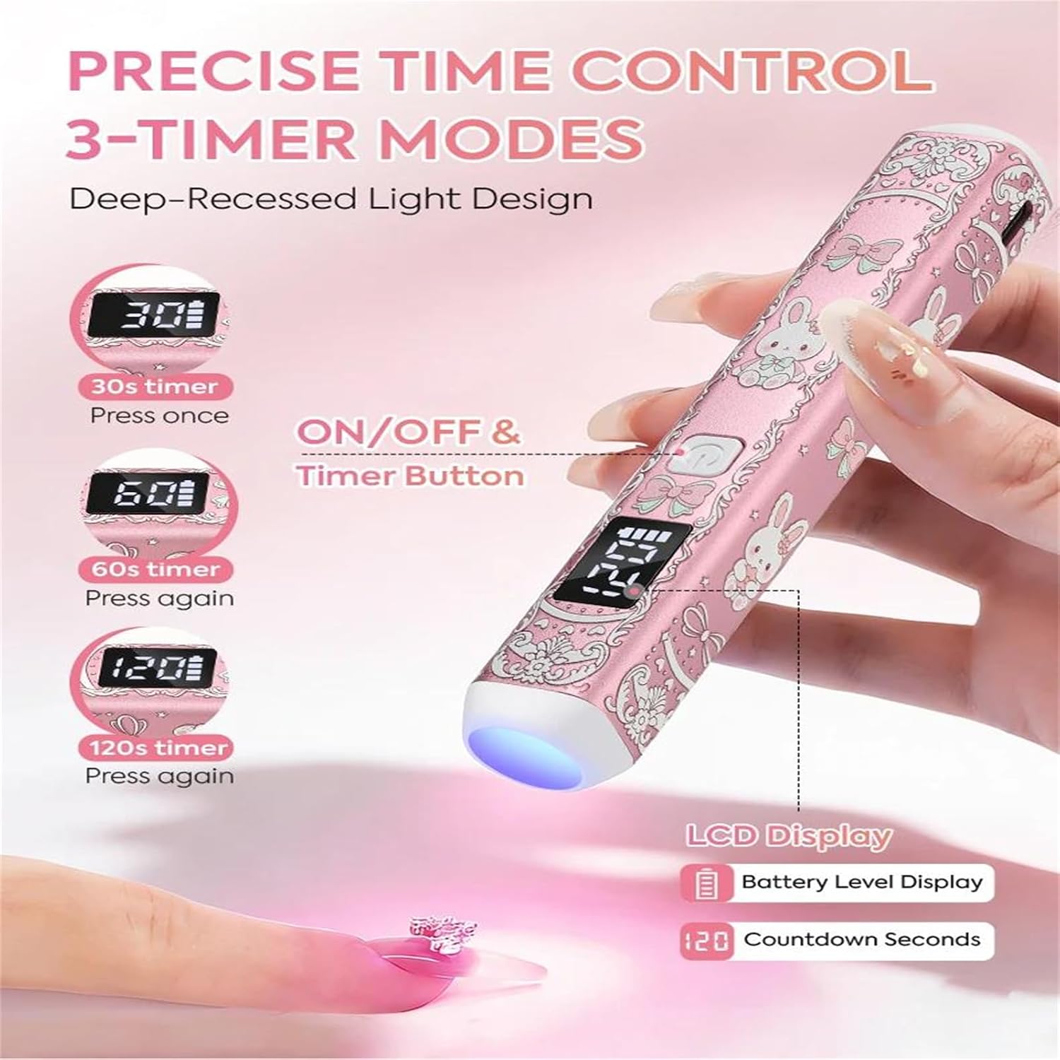 Adjustable Stand Handheld UV Light LCD Display Rechargeable Fast Dry Nail Dryer,Pink