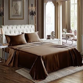 CozyLux Satin Sheets Full Size - 4 Piece Brown Bed Sheet Set with Silky Microfiber, 1 Deep Pocket Fitted Sheet, 1 Flat Sheet, and 2 Pillowcases - Smooth and Soft