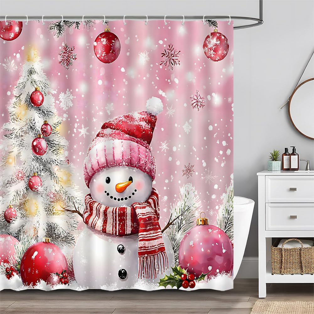 Winter Snowman Shower Curtain Pink Christmas Balls Xmas Tree Snowflake Pine Trees Snow Scene Cute Rustic Snowmen New Year Holiday Bathroom Decor Curtains Set with Hooks