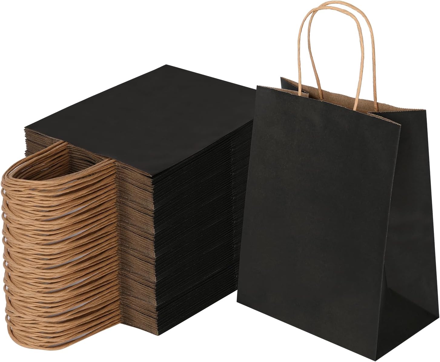 Joybe 100 Pack 8x4.75x10 Inch Medium Black Kraft Paper Bags with Handles Bulk, Craft Paper Gift Bags for Party Favors Grocery Retail Shopping Business Goody Merchandise Take Out Blank Sacks (100pcs)