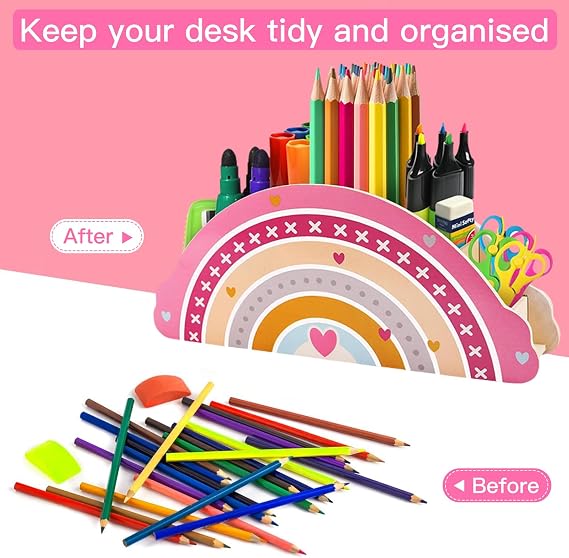 Rainbow Shaped Pen Holder, Multi Slot Desktop Stationery Organizer, Cute Colorful Pencil Cup for Students Office Makeup Brush Storage