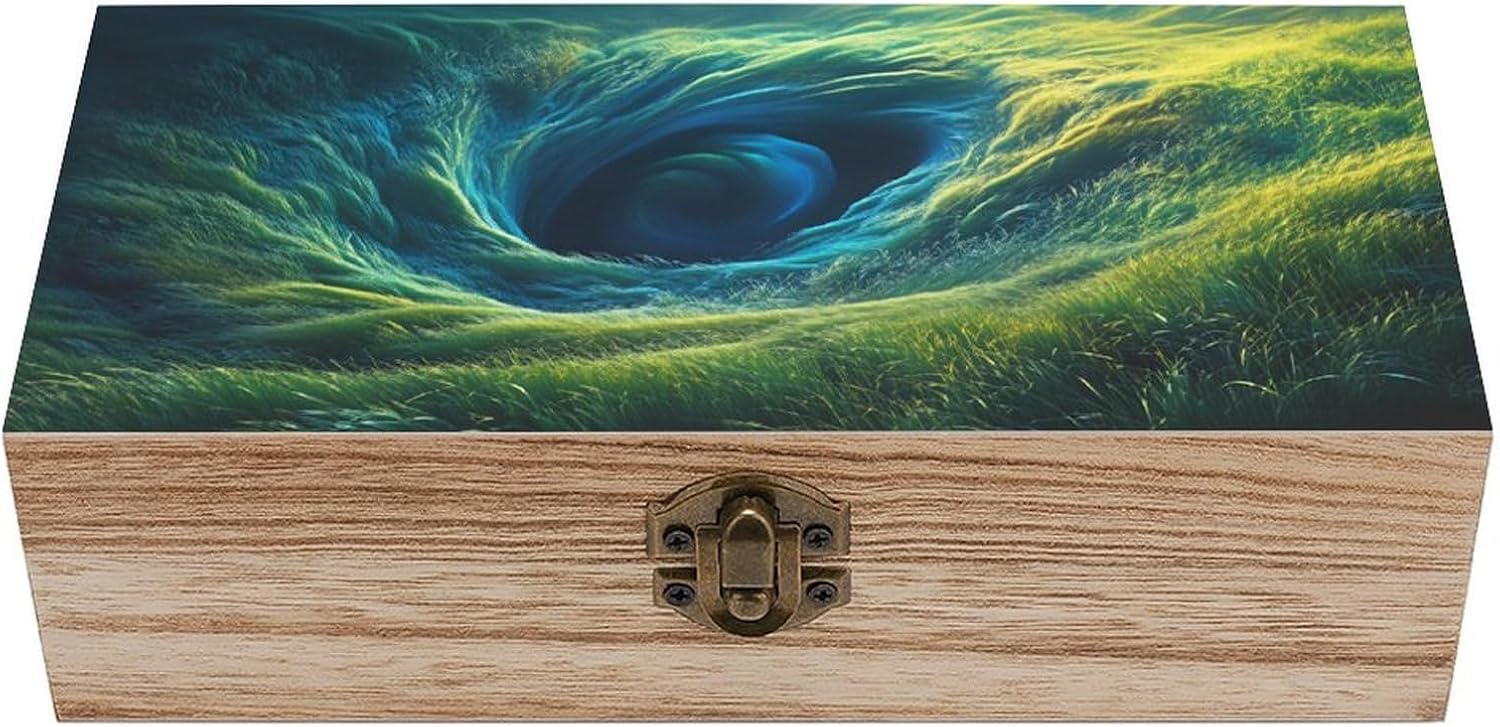 Green & Black Vortex Grassland Wooden Storage Box with Hinged Lid Vintage Gift Box Natural Wood Keepsake Decorative Box Rustic Jewelry Box 7.9" L*3.9" W*2.3" H