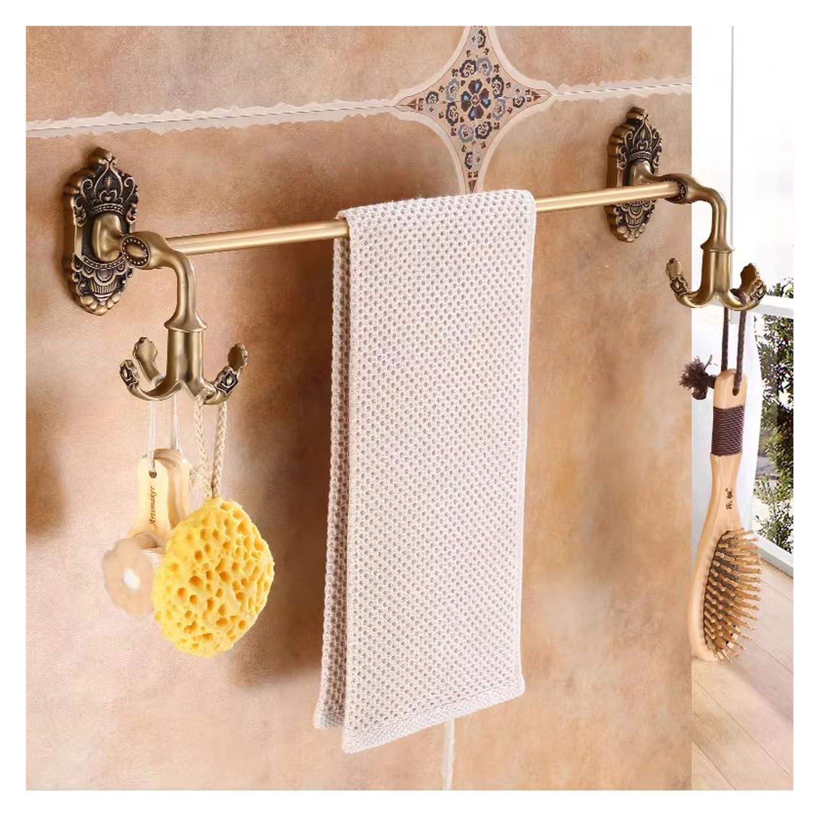 Barre porte-serviettes bronze antique avec crochets pivotants pour mur de salle de bain vintage