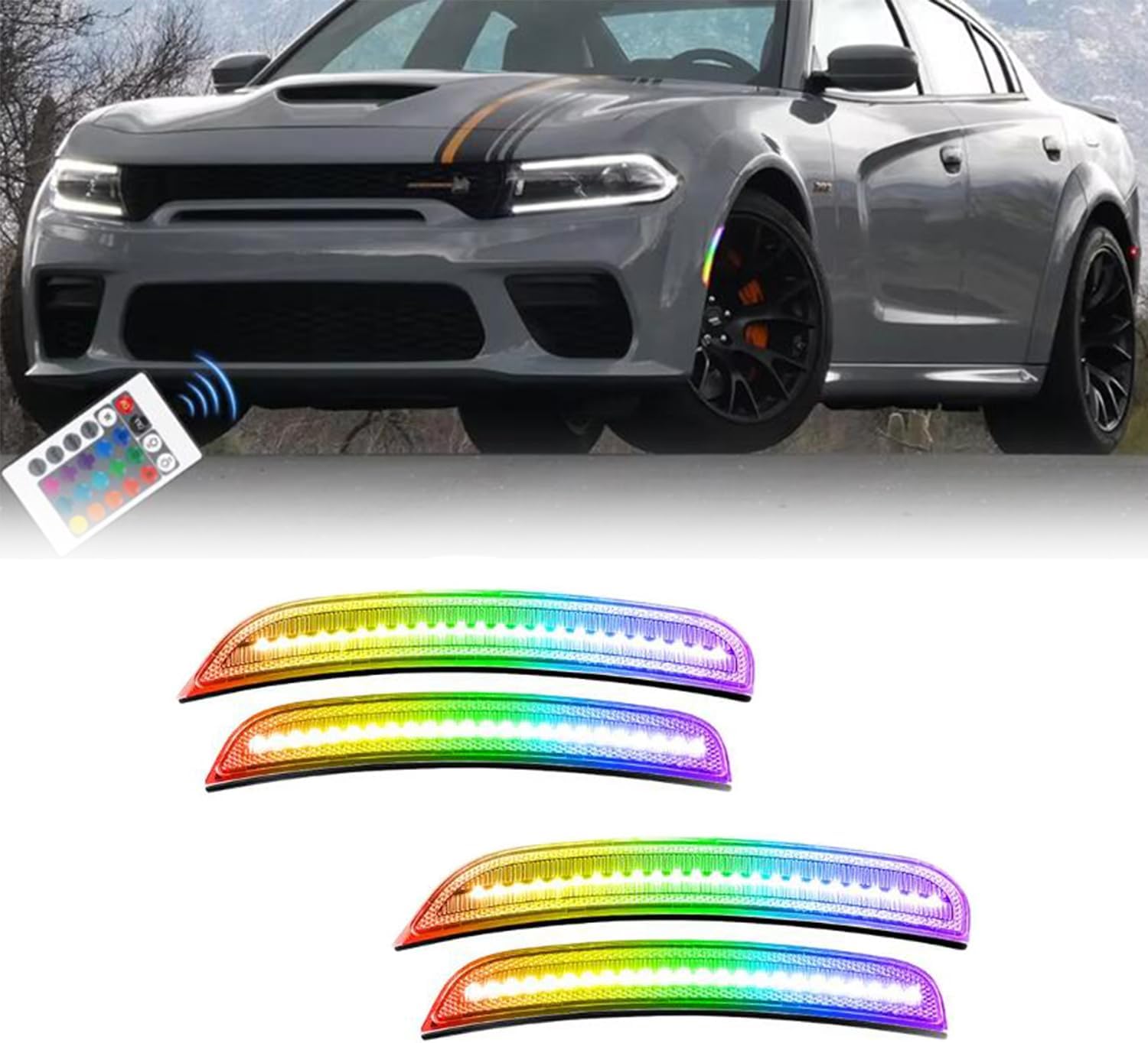 RGB LED Side Marker Lights for Dodge Charger 2015-2023, Front & Rear Fender Side Markers, Smoked Lens Driver & Passenger Side Bumper Lights, 4PCS