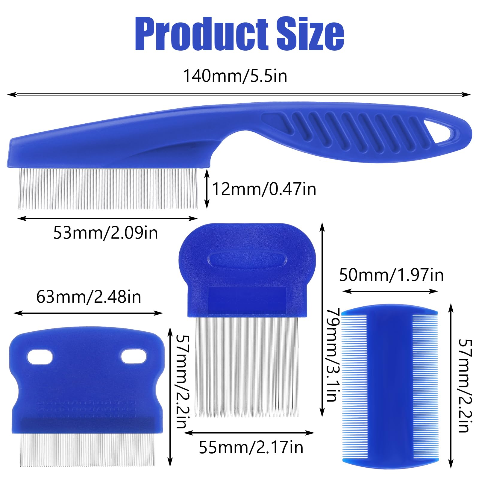 Molain Lot de 4 peignes anti-poux en métal pour chat et chien - Peigne anti-puces en plastique double face - Peigne anti-poux en acier inoxydable - Peigne à poux en métal - Bleu