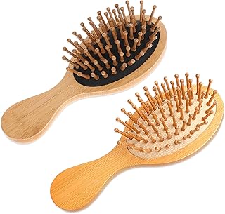 2 PCS Travel Brushes for Hair, Mini Bamboo Brush Anti-Static Bamboo Hair Brush Massage Scalp Detangling Brushs Mini HairBrush Natural Wooden Pocket Travel Small Hairs Brushes for All Hairs