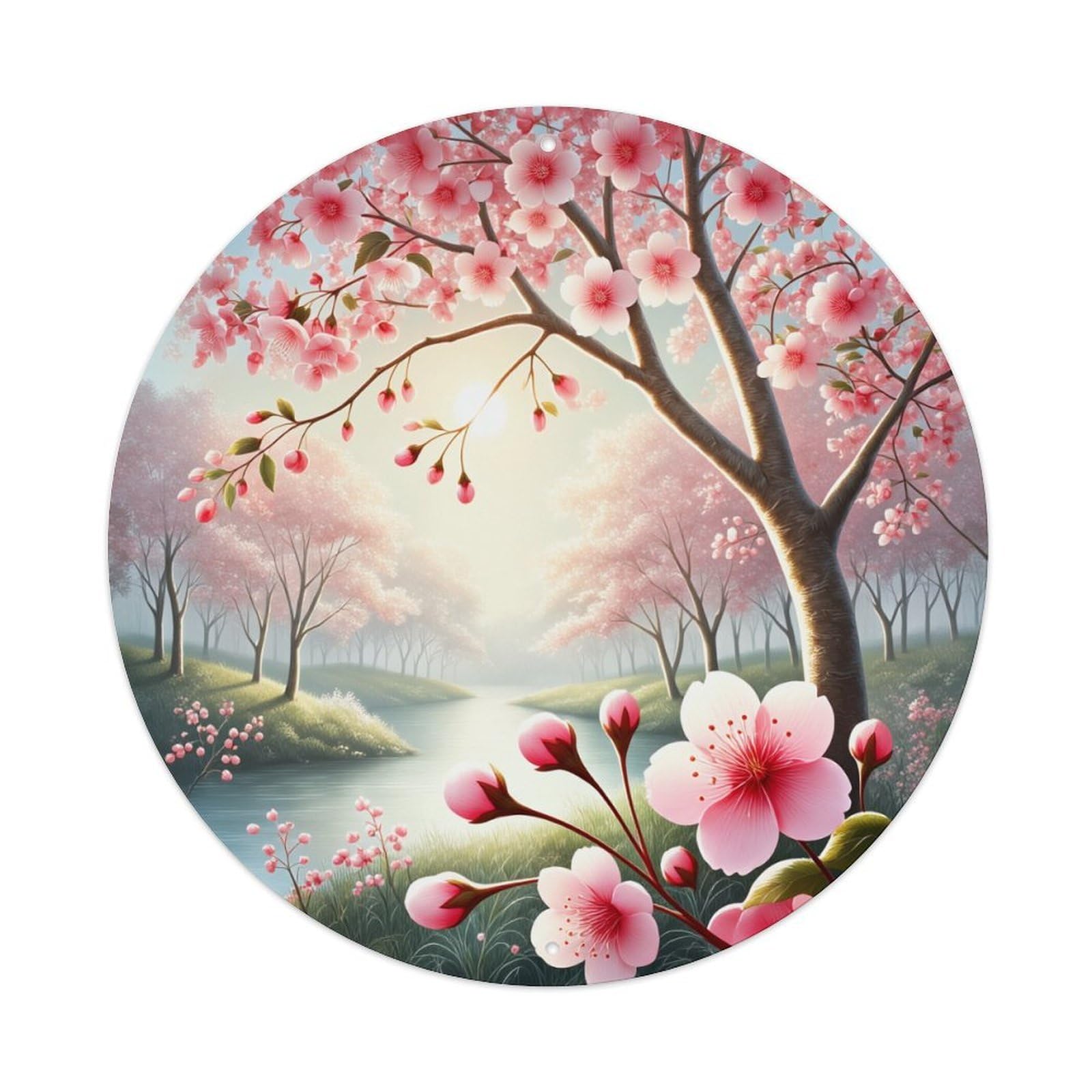 Cherry Blossom Spring Landscape Tree Round Tin Sign Vintage Metal Poster, Home Bar Garage Man Cave Cafe Indoor & Outdoor Wall Decoration 8x8Inches