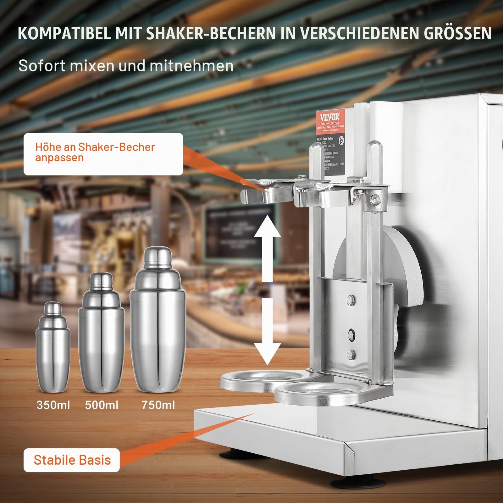 VEVOR Handlicher Milchshake-Mixer, elektrisches Milchtee-Gerät, 120 W, Mixer für Getränke, Doppelkopf, verstellbar 0-180 Sekunden, mit Edelstahlbecher 750 ml, für Milchtee-Shop, Bar, Café