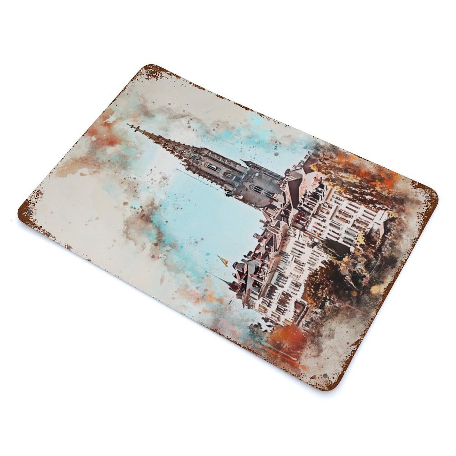 Rust Effect Bern Watercolor Weathered Tin Sign 11.8"x7.9", Shabby Chic Decor for Patio, Garden Room And Bar Decor