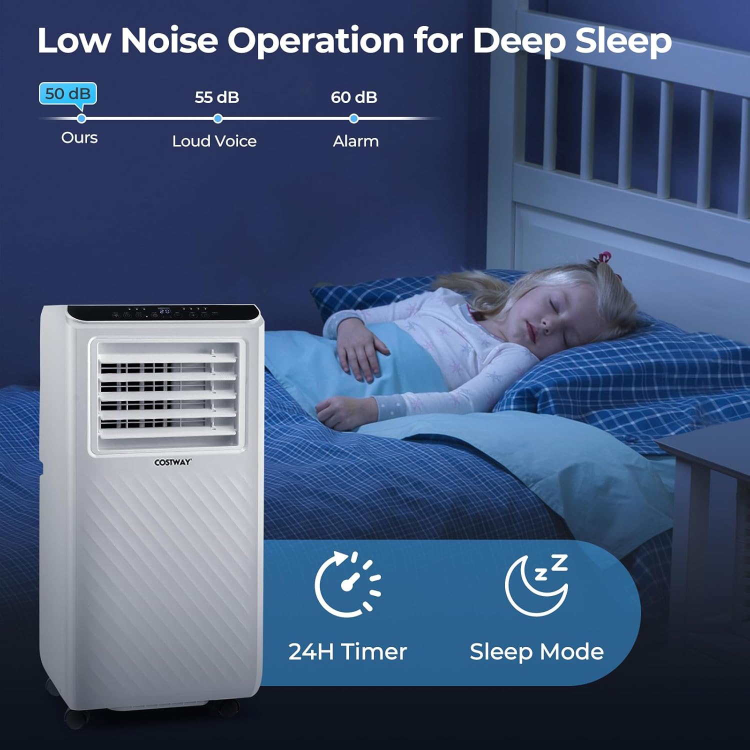 A child sleeping peacefully in a bedroom with the COSTWAY portable air conditioner operating quietly at 50 dB, featuring a 24H timer and sleep mode.