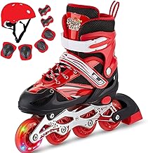 BABAFAB Adjustable Inline Skates Skating Shoes for Boys Kids Girls Adjustable Roller Blades Age 9-15 Years PU Strong 4 Wheels Aluminium with LED Flashing Lights (Red with Safety kit)