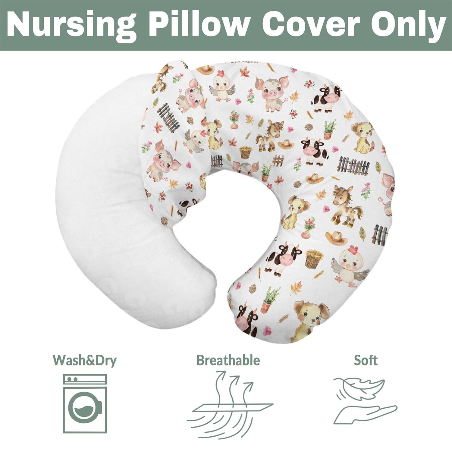 Cute Pastel Farm Animals Baby Nursing Pillow Covers for Boy Girl Farmhouse Pig Cow Chick Dog Meadow Nursing Pillowcase for Breastfeeding Pillows Farmland Soft Stretchy Slipcovers for Newborn Infant
