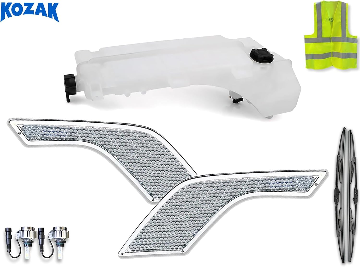 KOZAK Overflow Coolant Reservoir Tank with Cap and Sensor Direct Replacement (22564837) + Chrome Air Intake SET Compatible with V0lv0 VNL 2004-2017 PLUS Logo, Wipers, 2x 12V LED Bulbs and Vest