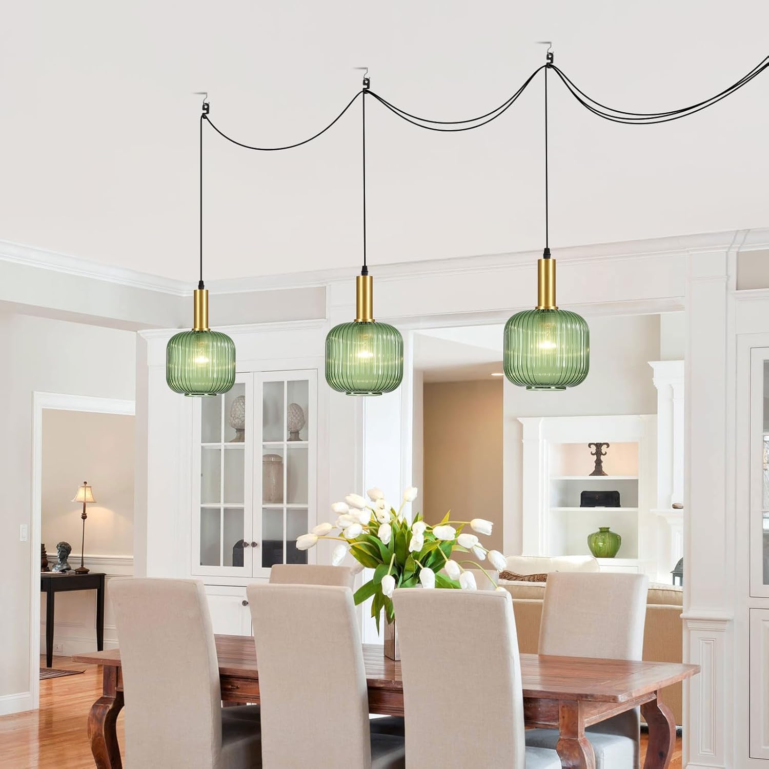 Plug in Pendant Light Fixtures, Green Glass Pendant Lights Kitchen Island, Mini Chandelier Pendant Lamp with On/Off Switch for Bedroom Corridor Dining Room