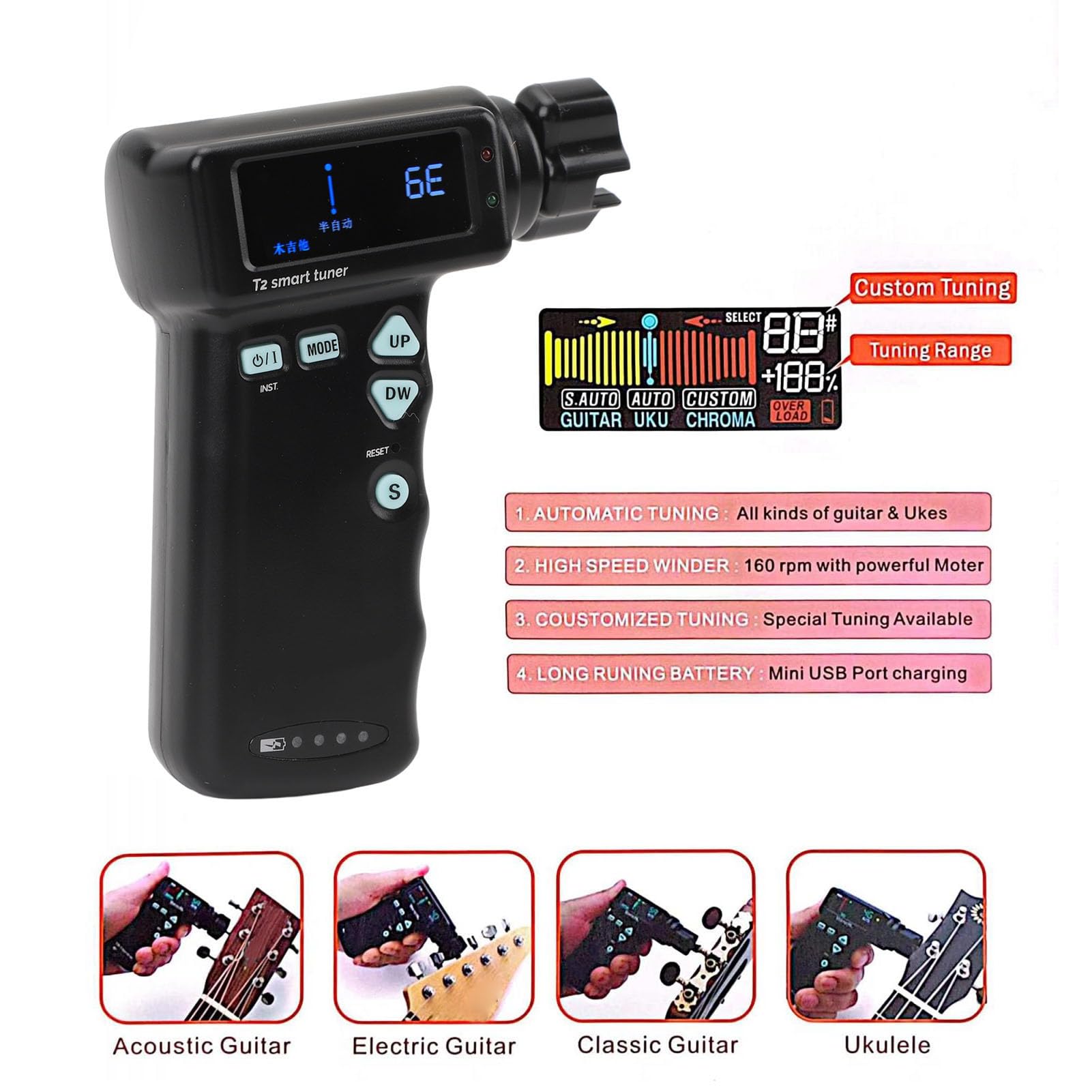 Afinador Automático Inteligente para Ukelele de Guitarra, 2 en 1, Afinador Automático de Guitarras Acústicas Rápidas, Enrollador de Cuerdas Eléctrico, Afinador Seguro de Grado
