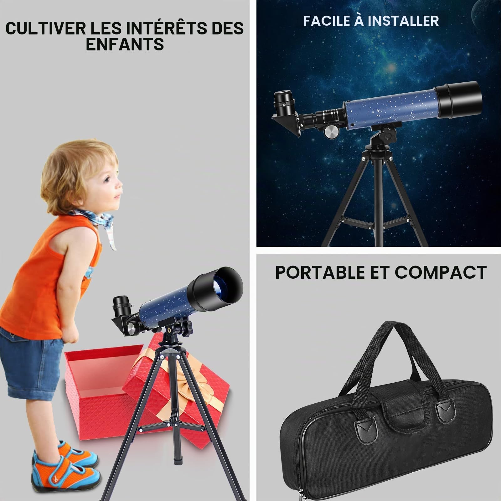 Télescope de voyage avec trépied de table avec ouverture de 50 mm, longueur de mise au point de 360 mm pour débutants en astronomie, livré dans un sac de transport