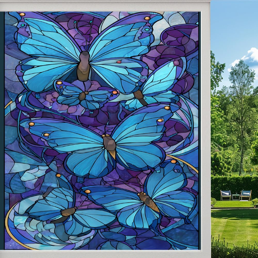 Pmlbaous Rural Butterfly Privacy Window Film, Natural Mysterious Flower Frosted Self-Adhesive Vinyl Cling For Glass Doors Bathroom Windows Sun Blocking Heat Control, （45X60cm）