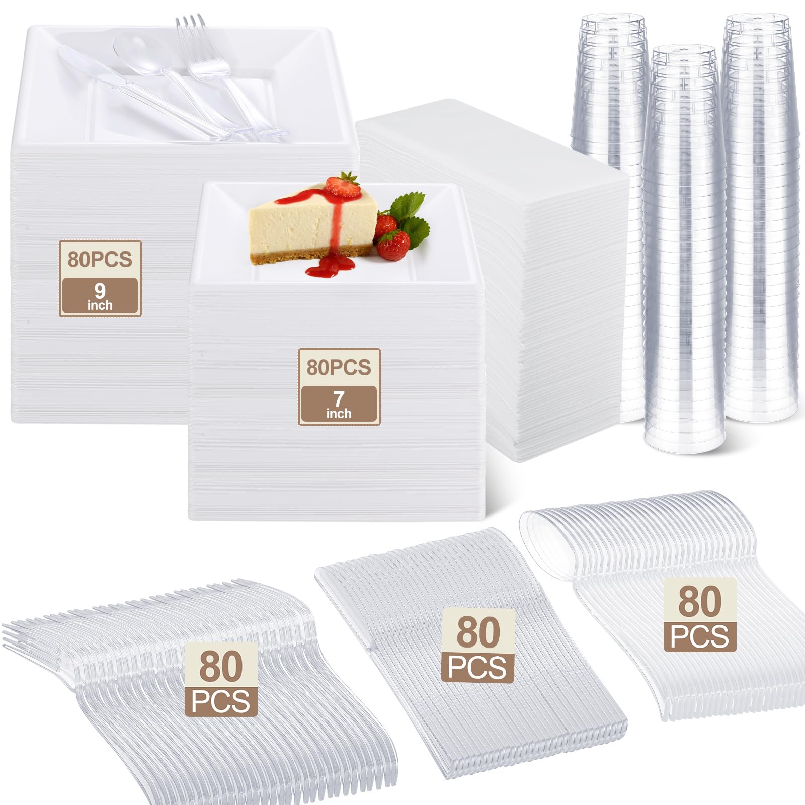 Photo 1 of 560 Pcs Christmas Disposable Dinnerware Set 80 Guest Include 80 7 Inch 9 Inch White Square Plates 80 Knives 80 Forks 80 Spoons 80 10 oz Cups 80 Napkin for Wedding Halloween Party