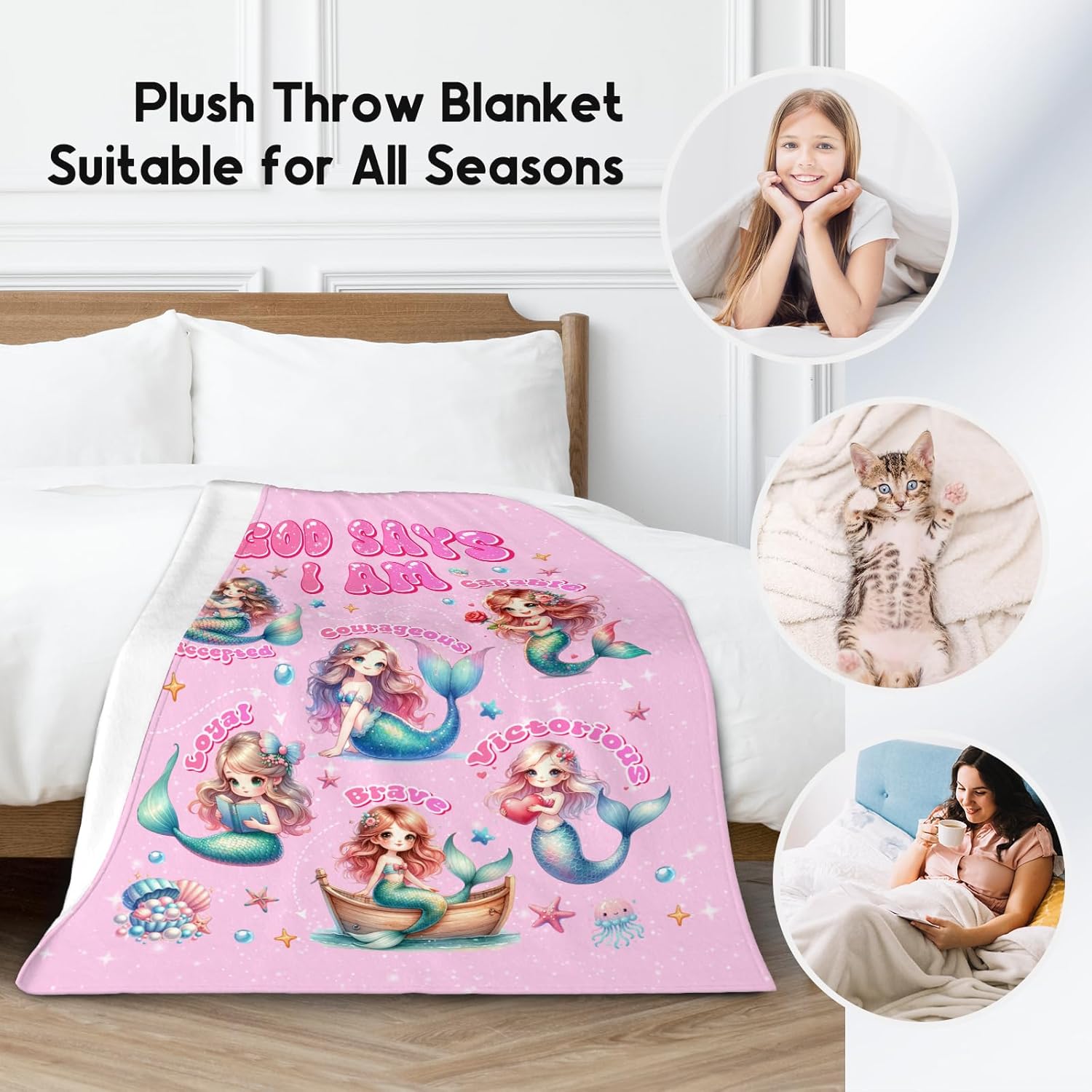Mermaid Throw Blanket for Girls, Kids God Says I Am Gift, Cute Fuzzy Fleece for Couch & Chair, 40"x50" Mermaid Party Decorations - Image 2