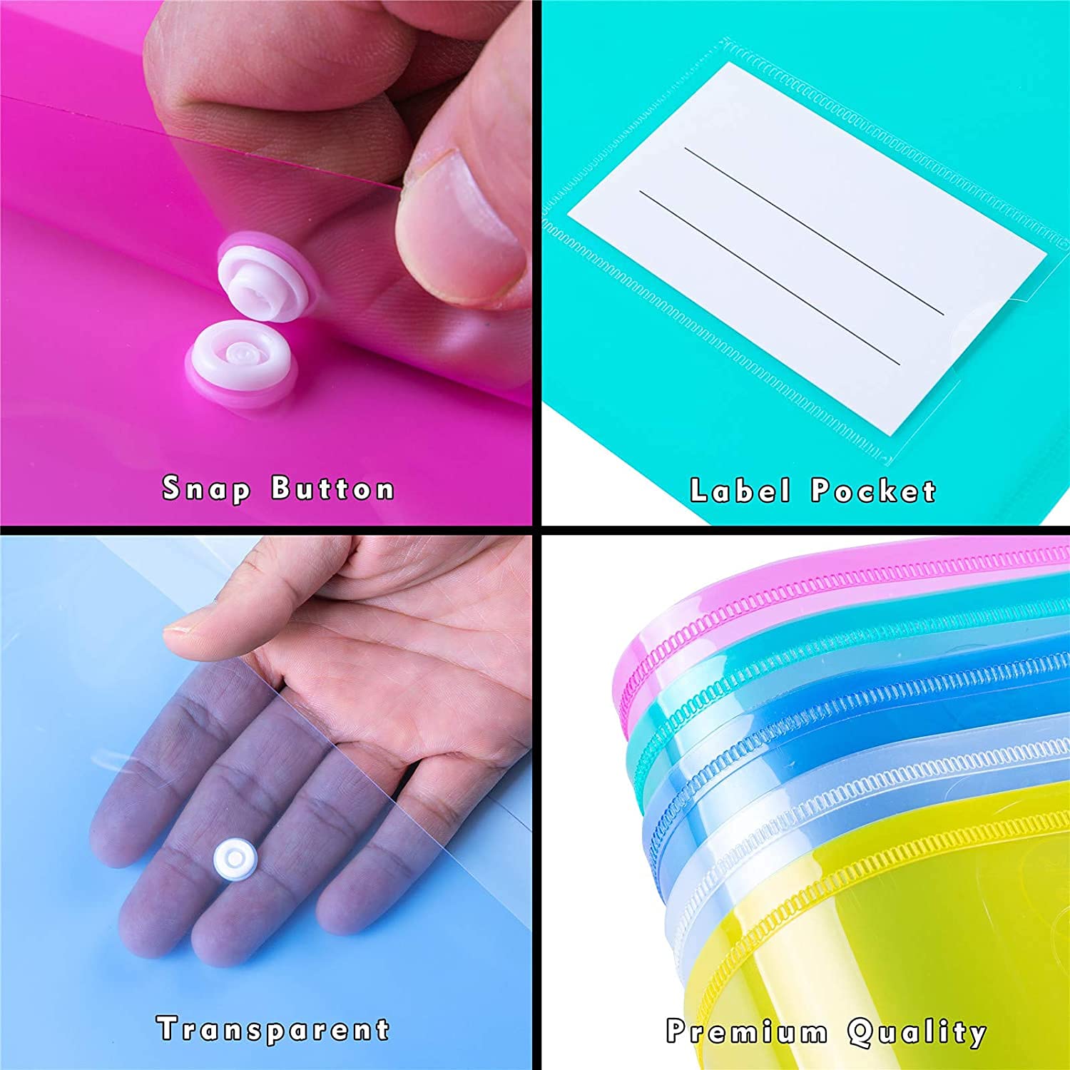Cartelle a Busta Portadocumenti A4, 25 pezzi Cartelline in Plastica,con Apertura a Busta e Bottone, Formato A4,Trasparente,Per Archivio Ufficio e Accessori per Scrivania Documento Storage
